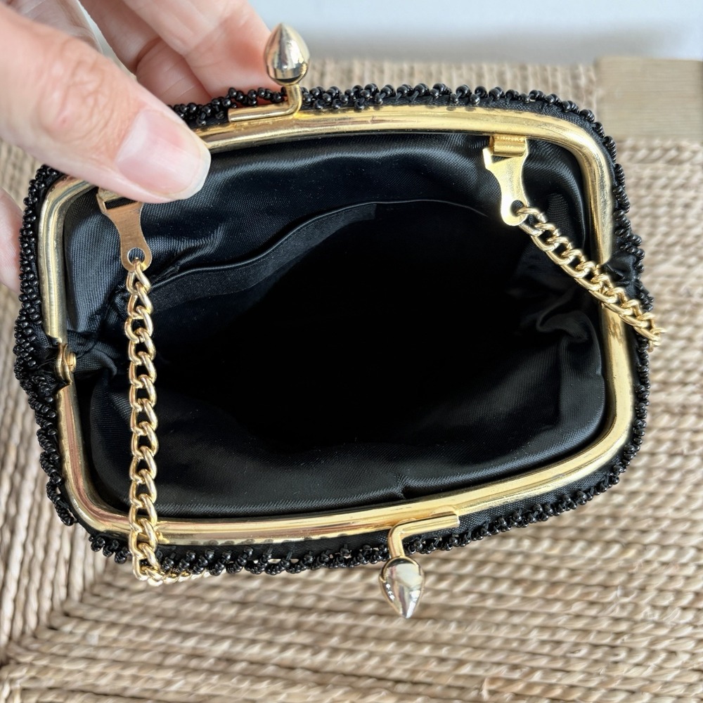 Black Beaded Clutch Purse, Kiss Lock, Gold Shoulder Chain Strap, Lined - Picture 5 of 5